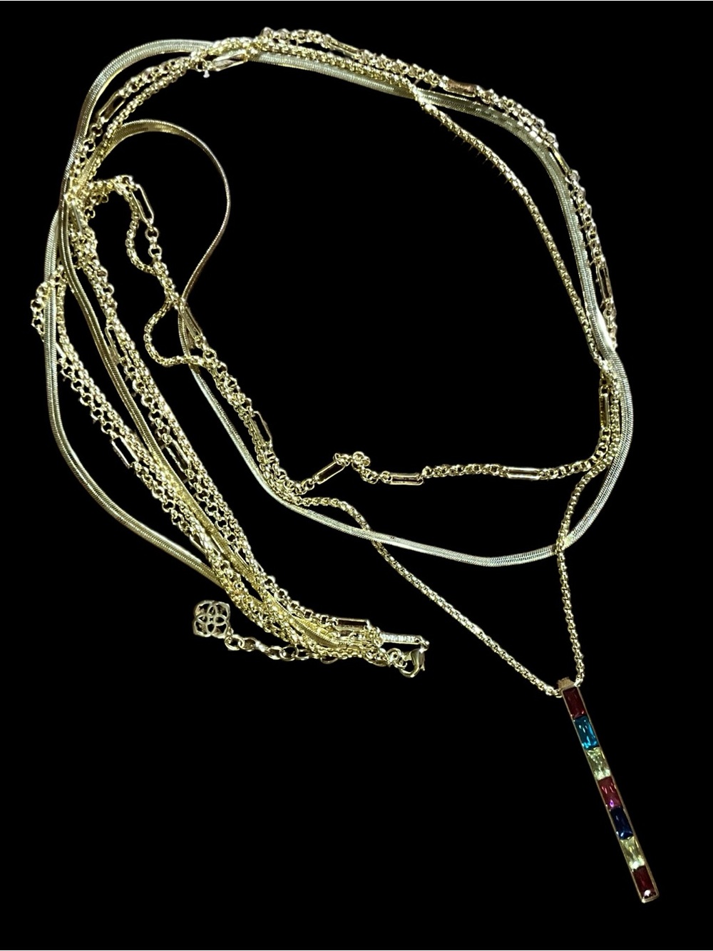 Kendra Scott Layered Gold Necklace Rainbow Crystal Bar Pendant